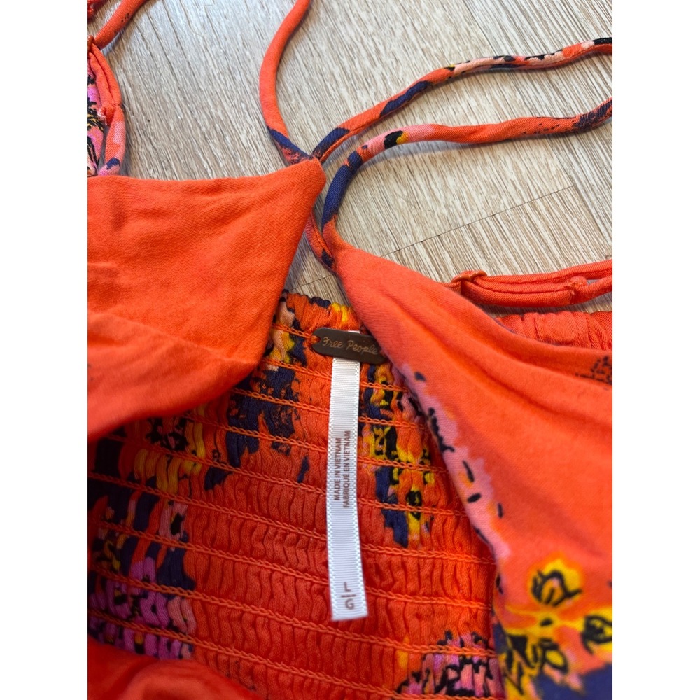 Free People Floral Sun Dress Orange Pink Mini Ruched Smocked Back Size L - Picture 3 of 5